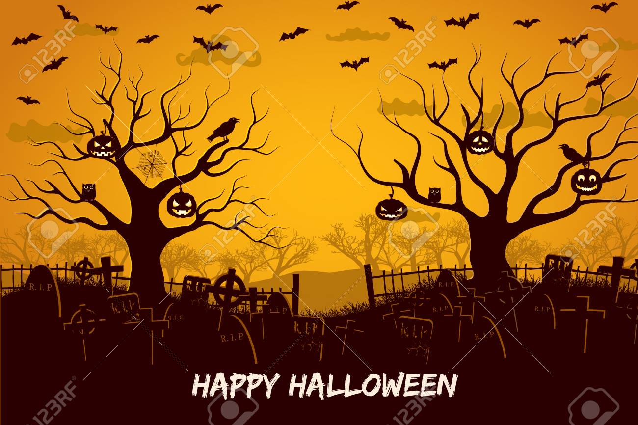 Happy halloween composition with birds and lanterns at trees cemetery and flying bats at sunset vector illustration - 108838081 Happy halloween composition with birds and lanterns at trees cemetery and flying bats at sunset vector illustration - 108838081