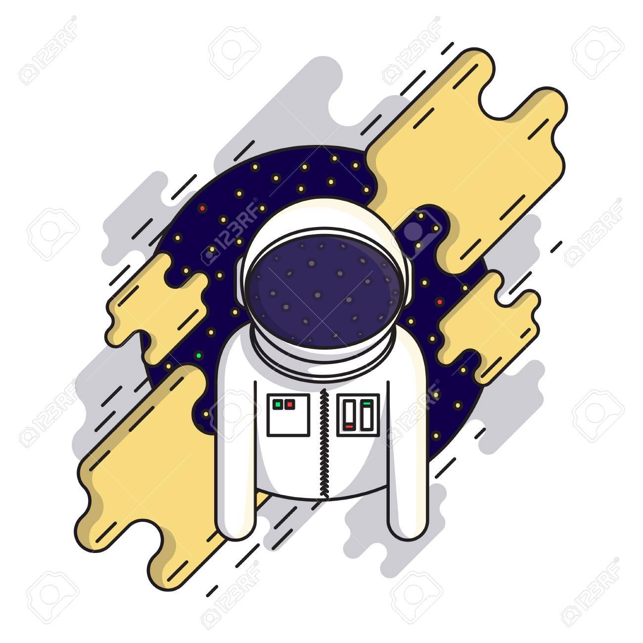 宇宙空間で宇宙服とヘルメットでかわいい宇宙飛行士 宇宙のベクター イラストです フラット モダン デザイン 衣類や土産品の印刷に適しています の イラスト素材 ベクタ Image