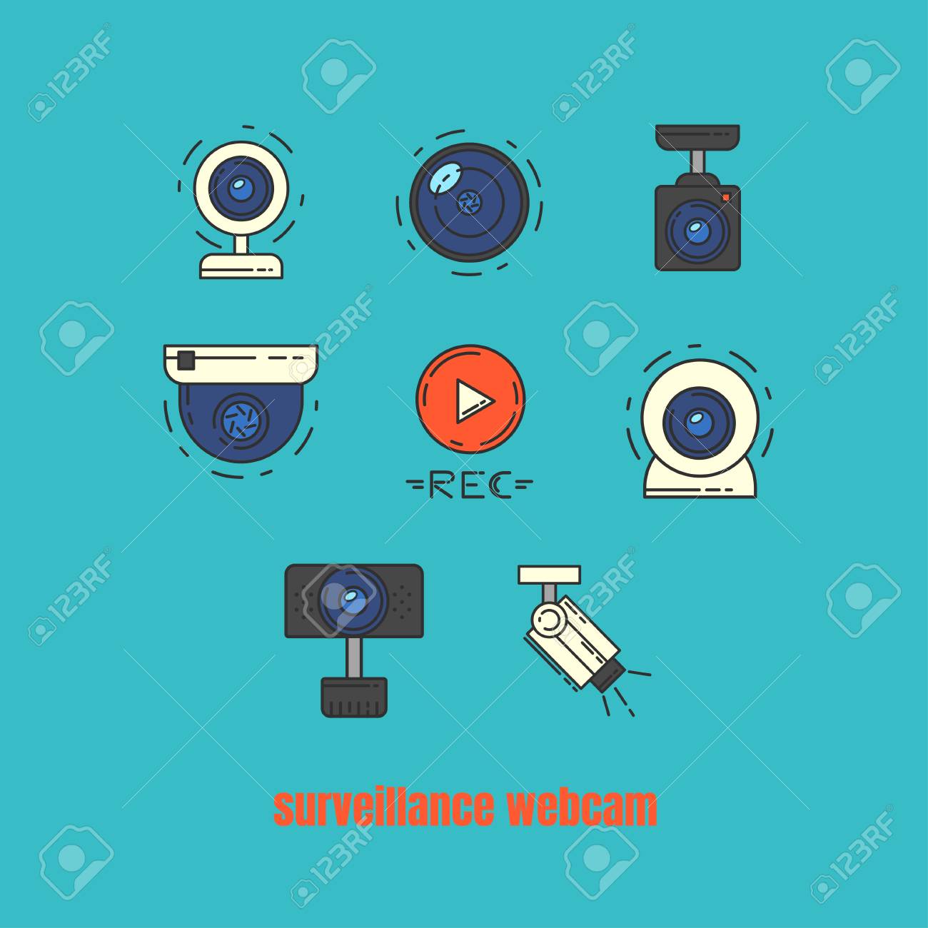 웹캠, CCTV 및 보안 카메라 벡터 아이콘의 컬렉션입니다. 감시 웹캠 컬러 로열티 무료 사진, 그림, 이미지 그리고 스톡포토그래피.  Image 73974330