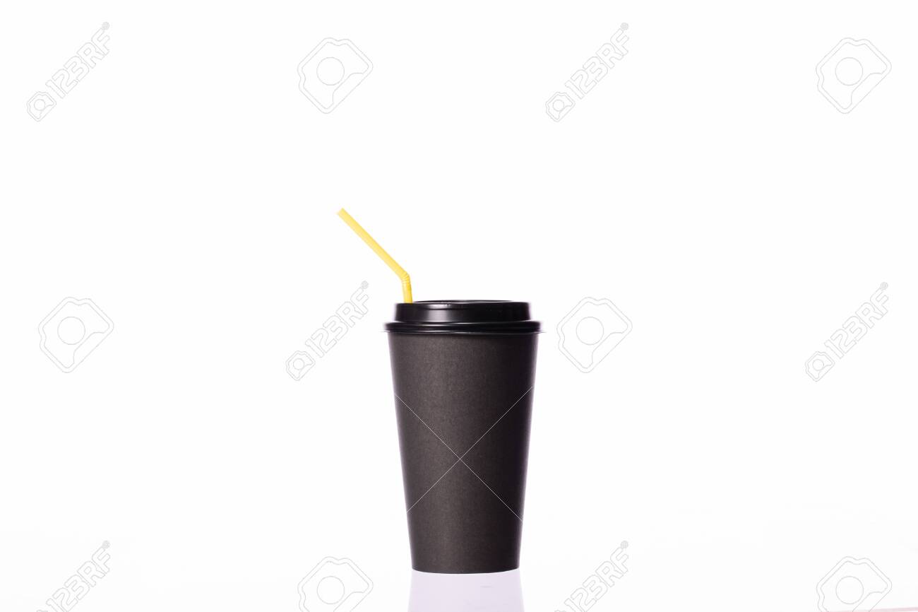 Download Disposable Black Paper Coffee Cup With Yellow Plastic Straw Isolated Stock Photo Picture And Royalty Free Image Image 156677867