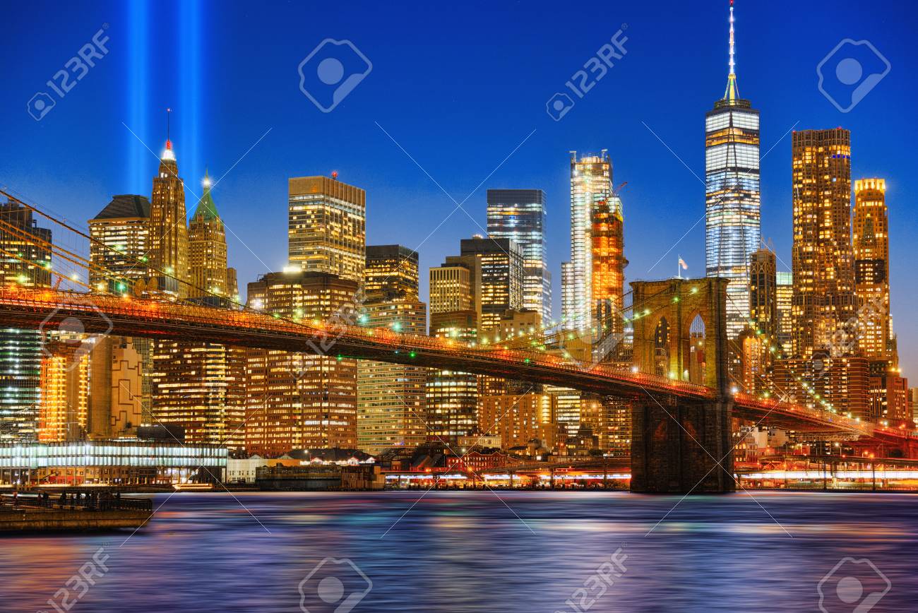 New York Night View Of The Lower Manhattan And The Brooklyn Bridge Stock Photo Picture And Royalty Free Image Image