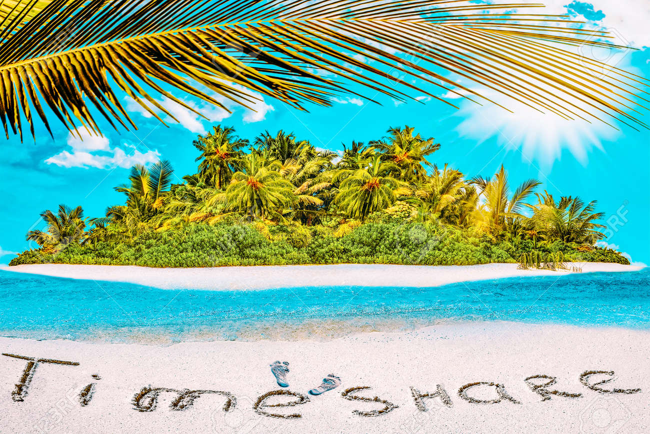 Whole tropical island within atoll in tropical Ocean. Uninhabited and wild subtropical isle with palm trees. Inscription "TimeShare" in the sand on a tropical island, Maldives. - 168259174 Whole tropical island within atoll in tropical Ocean. Uninhabited and wild subtropical isle with palm trees. Inscription "TimeShare" in the sand on a tropical island, Maldives. - 168259174