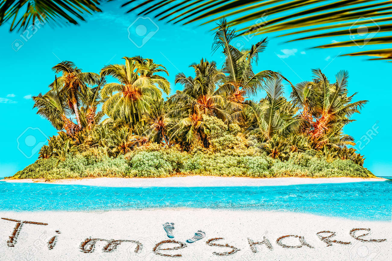 Whole tropical island within atoll in tropical Ocean. Uninhabited and wild subtropical isle with palm trees. Inscription "TimeShare" in the sand on a tropical island, Maldives. - 168259176 Whole tropical island within atoll in tropical Ocean. Uninhabited and wild subtropical isle with palm trees. Inscription "TimeShare" in the sand on a tropical island, Maldives. - 168259176