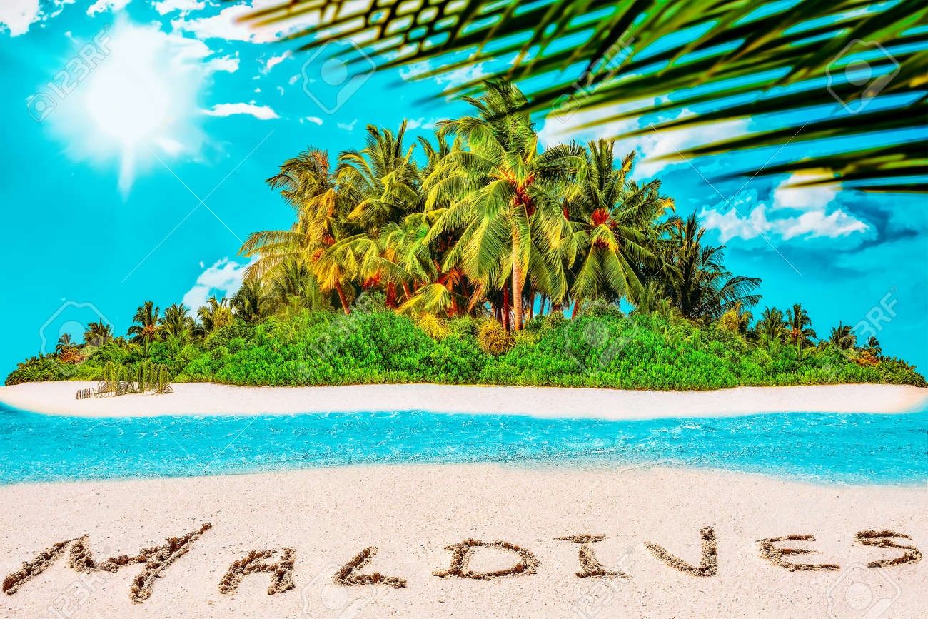 Whole tropical island within atoll in tropical Ocean. Uninhabited and wild subtropical isle with palm trees. Inscription "Maldives" in the sand on a tropical island, Maldives. - 168259334 Whole tropical island within atoll in tropical Ocean. Uninhabited and wild subtropical isle with palm trees. Inscription "Maldives" in the sand on a tropical island, Maldives. - 168259334