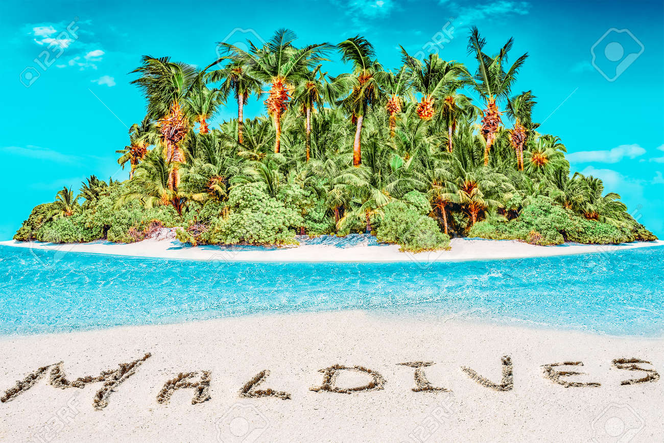 Whole tropical island within atoll in tropical Ocean. Uninhabited and wild subtropical isle with palm trees. Inscription "Maldives" in the sand on a tropical island, Maldives. - 168259336 Whole tropical island within atoll in tropical Ocean. Uninhabited and wild subtropical isle with palm trees. Inscription "Maldives" in the sand on a tropical island, Maldives. - 168259336