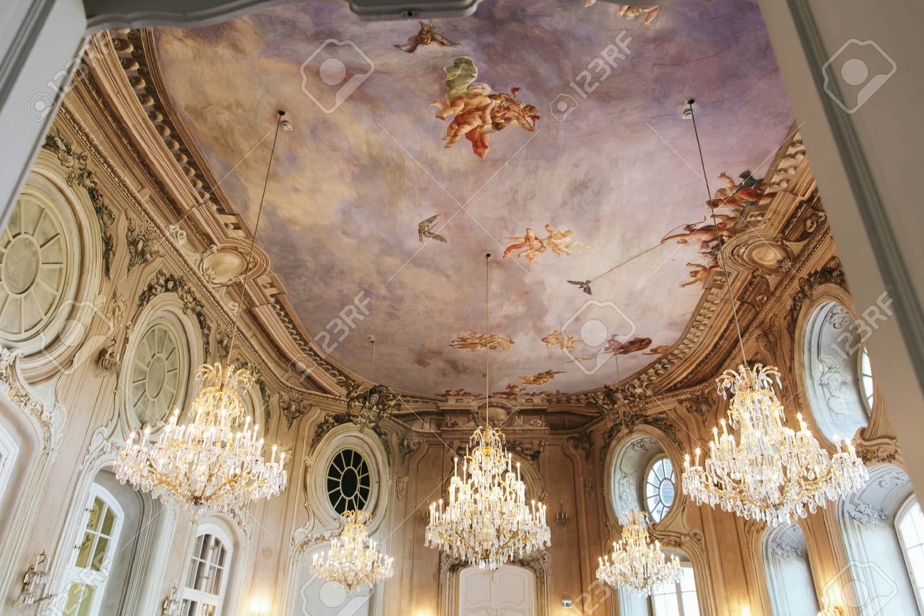 Look From Below At A Ceiling Painted With Angels And Decorated