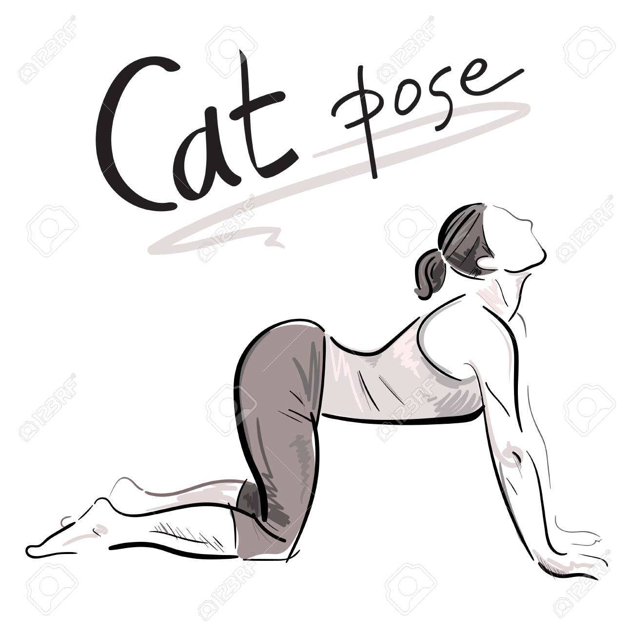 ヨガ猫ポーズベクトルイラスト 白い背景に手描きのテキストでヨガの練習をしている女性の抽象的な黒と白のラインアート のイラスト素材 ベクタ Image ヨガ猫ポーズベクトルイラスト 白い背景に手描きのテキストでヨガの練習をしている女性の抽象的な黒と白のラインアート のイラスト素材 ベクタ Image