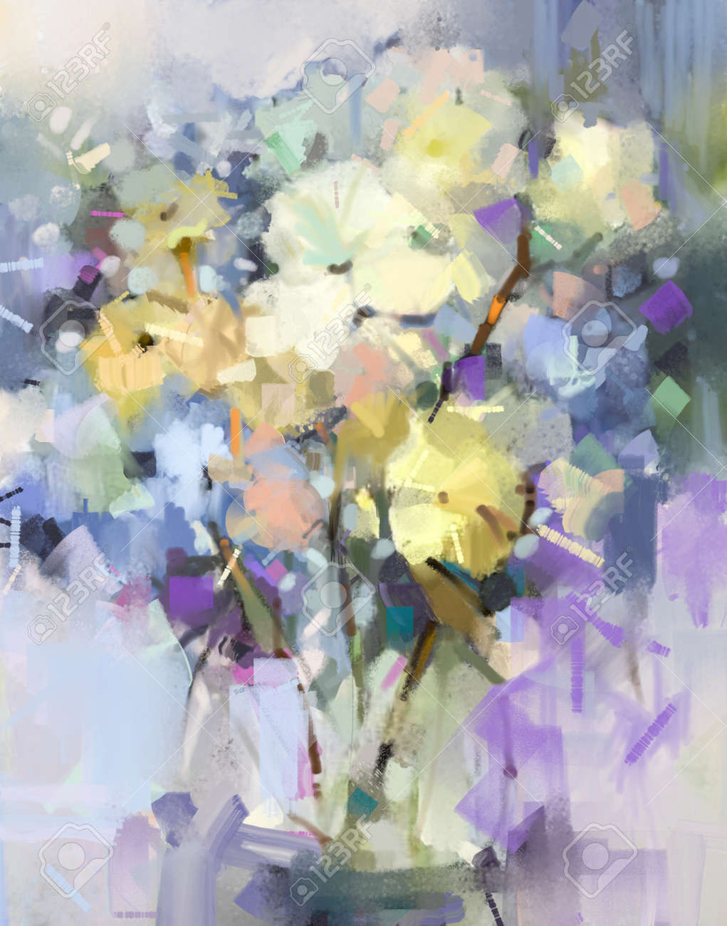 油絵の抽象芸術、色とりどりの花束の花と花瓶と緑の葉。イラスト