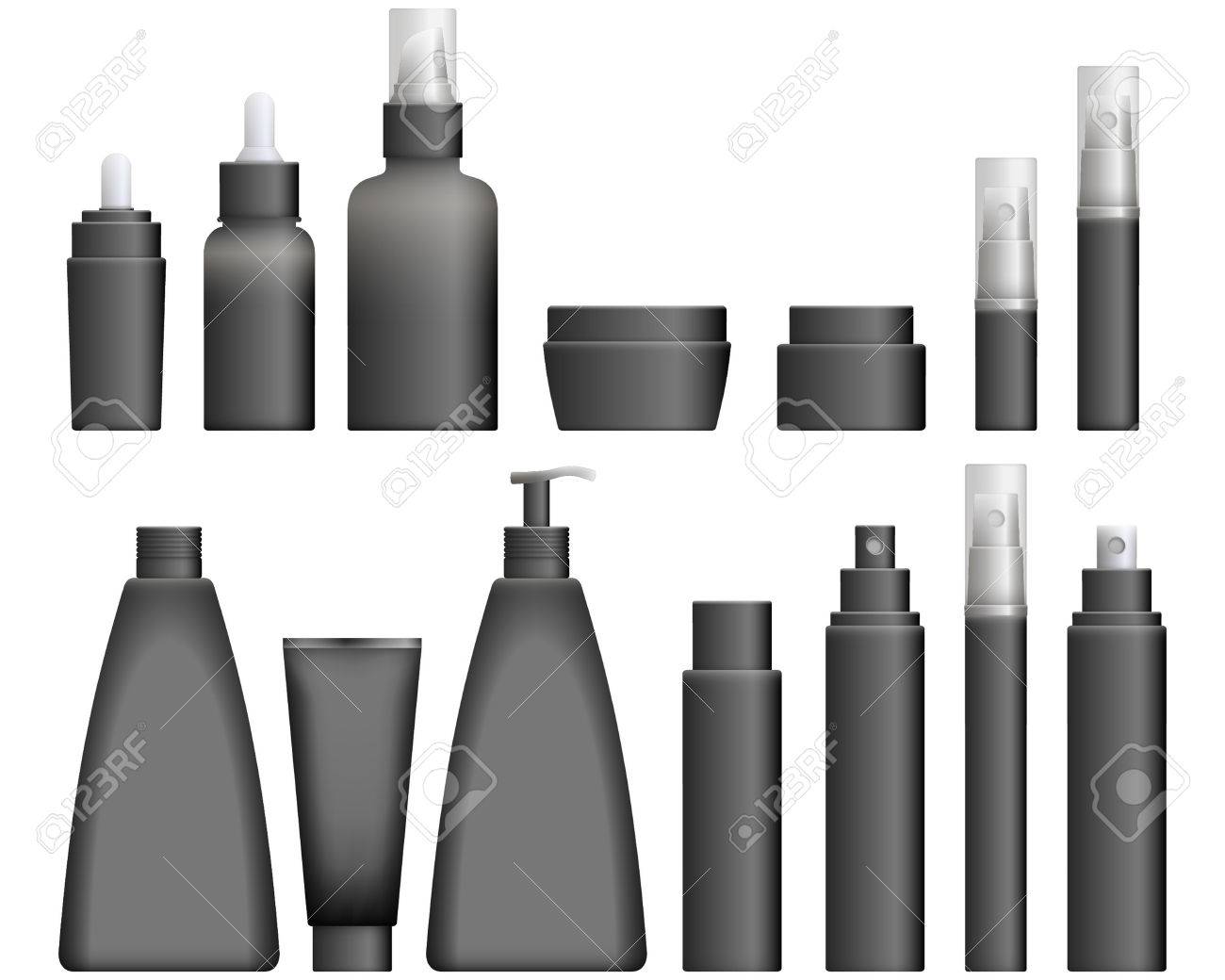 現実的な黒い化粧品ボトルは 白い背景に設定します 化粧品クリーム容器 クリーム ローション シャンプー ゲルおよびバルサムのチューブ ベクトル図のイラスト素材 ベクタ Image