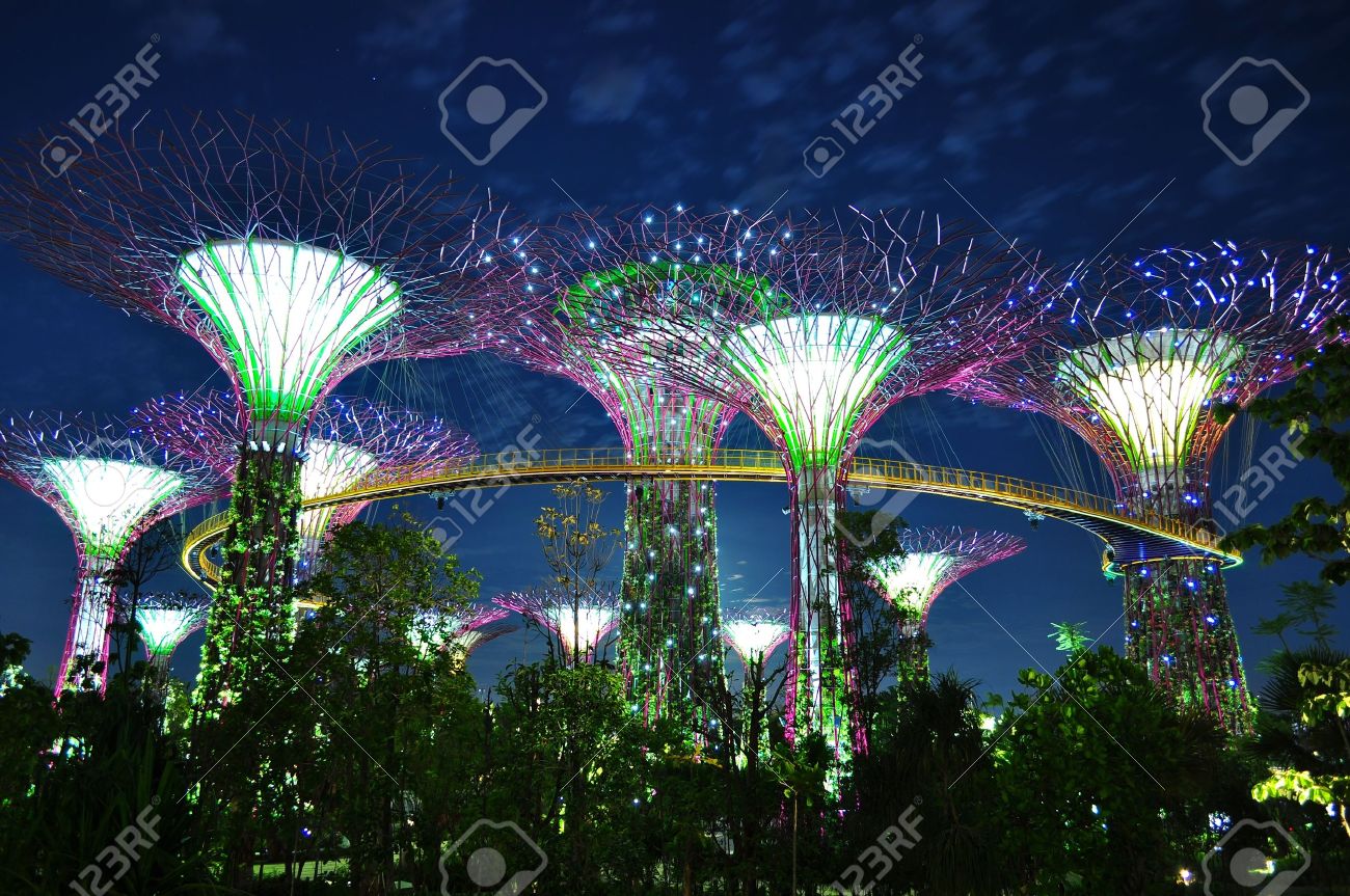 Garden By The Bay Night the illuminated big trees with elevated skyway at gardenthe Garden By The Bay Night the illuminated big trees with elevated skyway at gardenthe