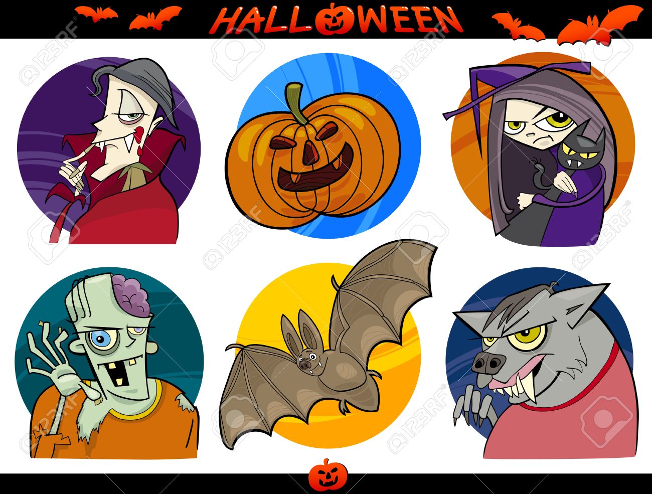 cartoon illustration of halloween themes vampire zombie witch
