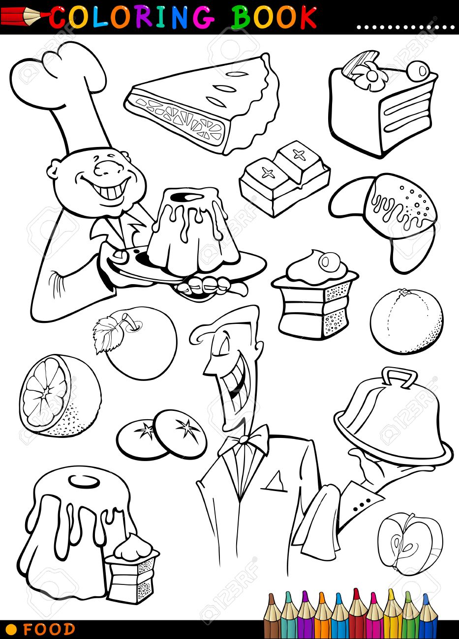 ぬり絵やケーキ クッキーや料理人と子供の教育のためのウェイターとパンのような甘い食べ物とページ漫画イラスト のイラスト素材 ベクタ Image
