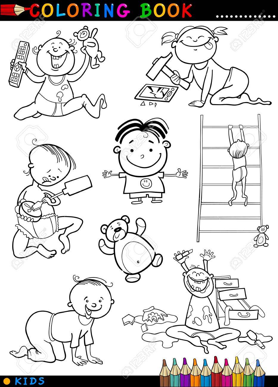 Libro Para Colorear O Ilustracion De Dibujos Animados Pagina De Humor Bebes Y Ninos Lindos Ilustraciones Vectoriales Clip Art Vectorizado Libre De Derechos Image