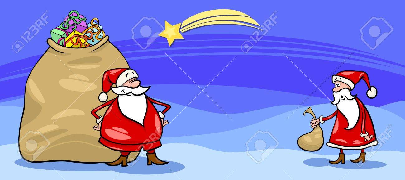 サンタ クロースのグリーティング カード漫画イラストやパパ Noel のクリスマス プレゼントの完全な袋を持つ のイラスト素材 ベクタ Image