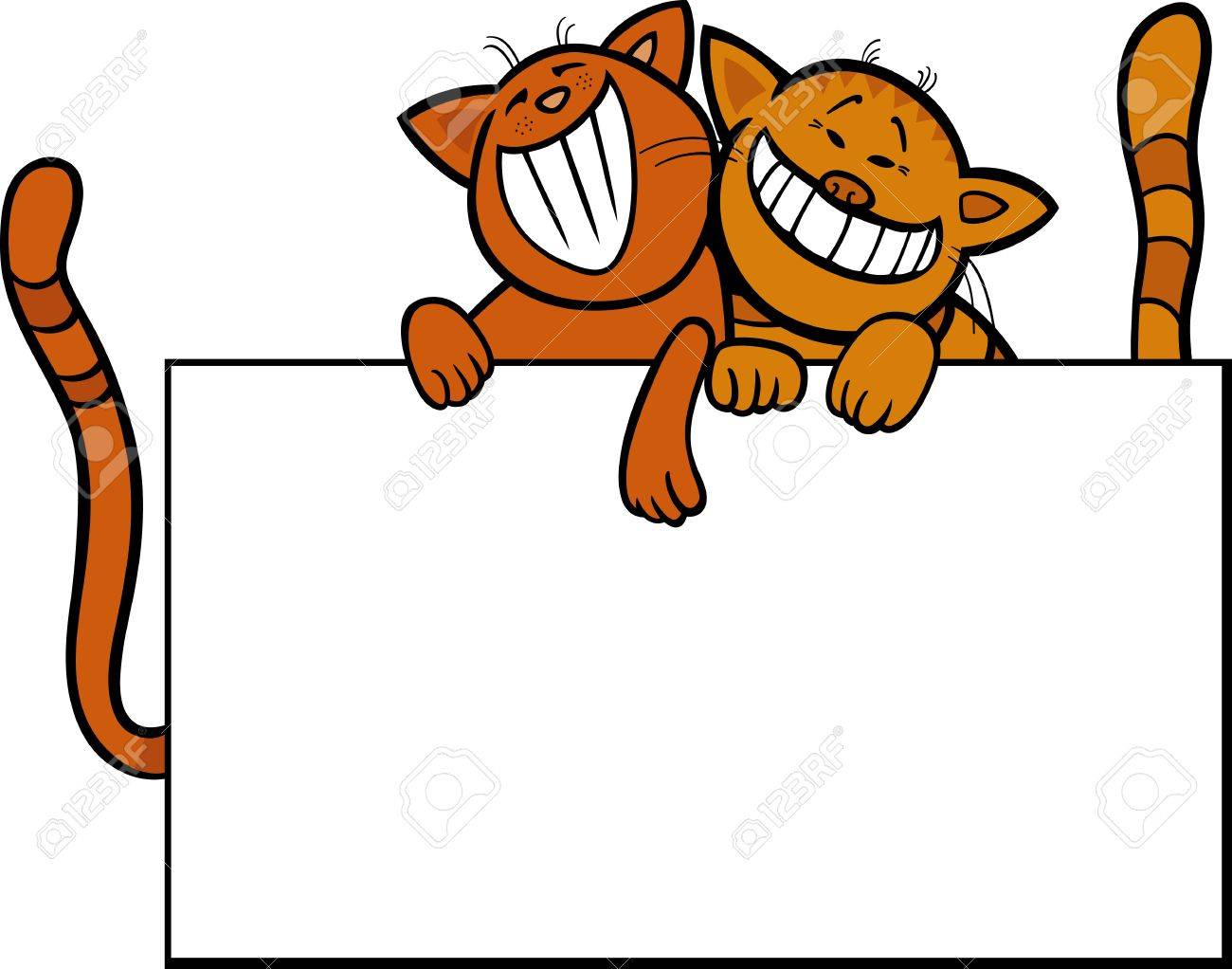 Cartoon Illustration Of Two Funny Cats With Blank Card Or Board Greeting Business Design