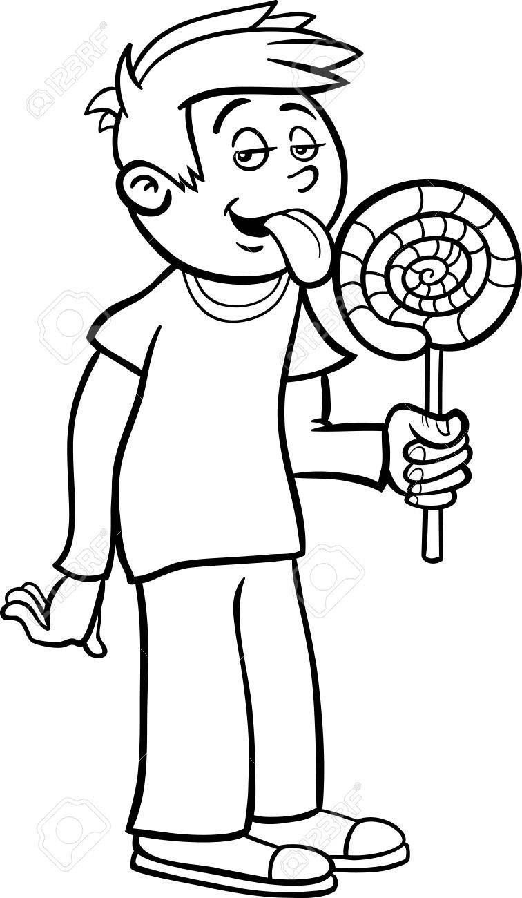 black and white cartoon illustration of cute boy with big lollipop
