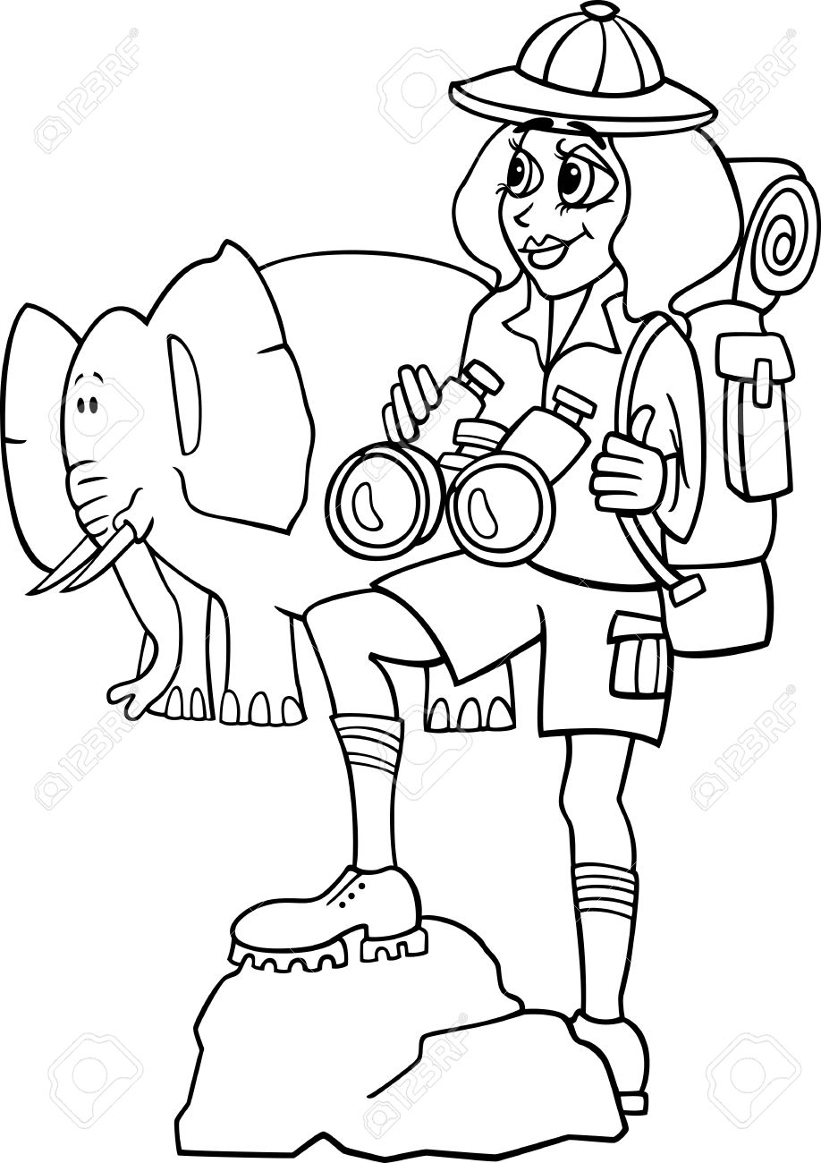 Illustration de dessin animé en noir et blanc de Traveler Femme mignon sur African Safari avec