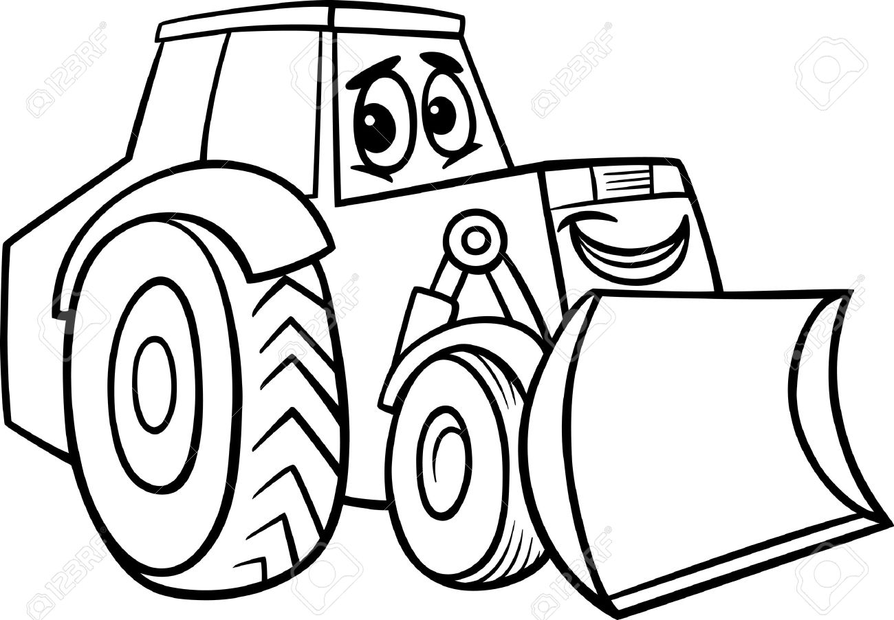 Black And White Cartoon Illustration Of Funny Bulldozer Machine Comic Mascot Character For Children To Coloring