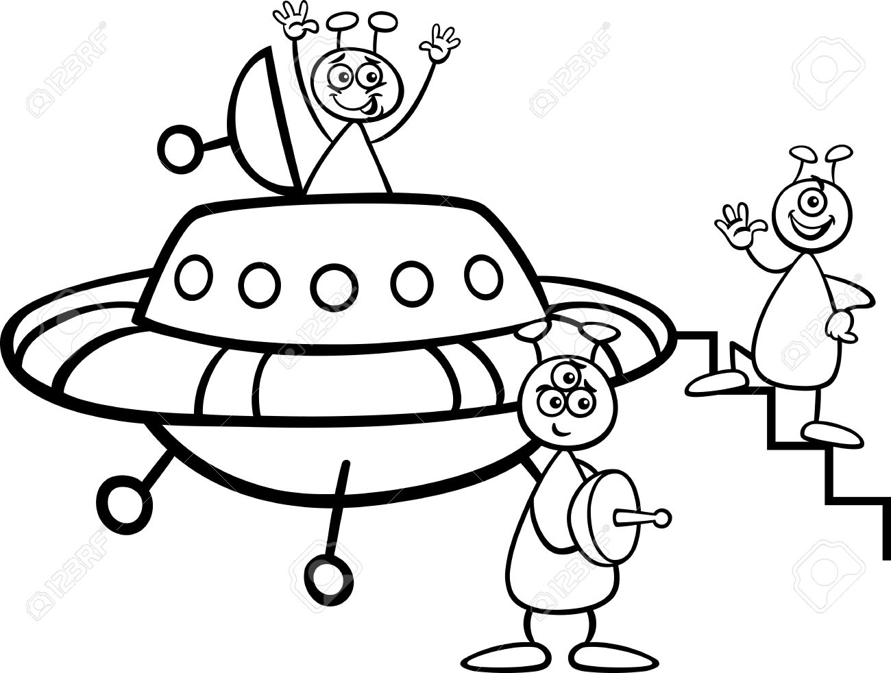 3 おかしいエイリアンや火星人コミック文字の Ufo や塗り絵の宇宙船と黒と白の漫画イラスト のイラスト素材 ベクタ Image 4499