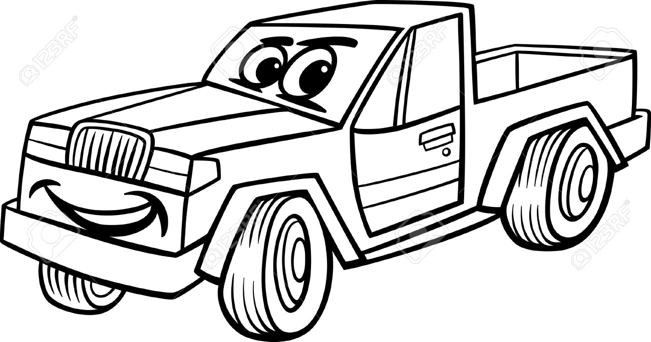 Black And White Cartoon Illustration Of Funny Pick Up Or Pickup Car Vehicle Comic Mascot Character