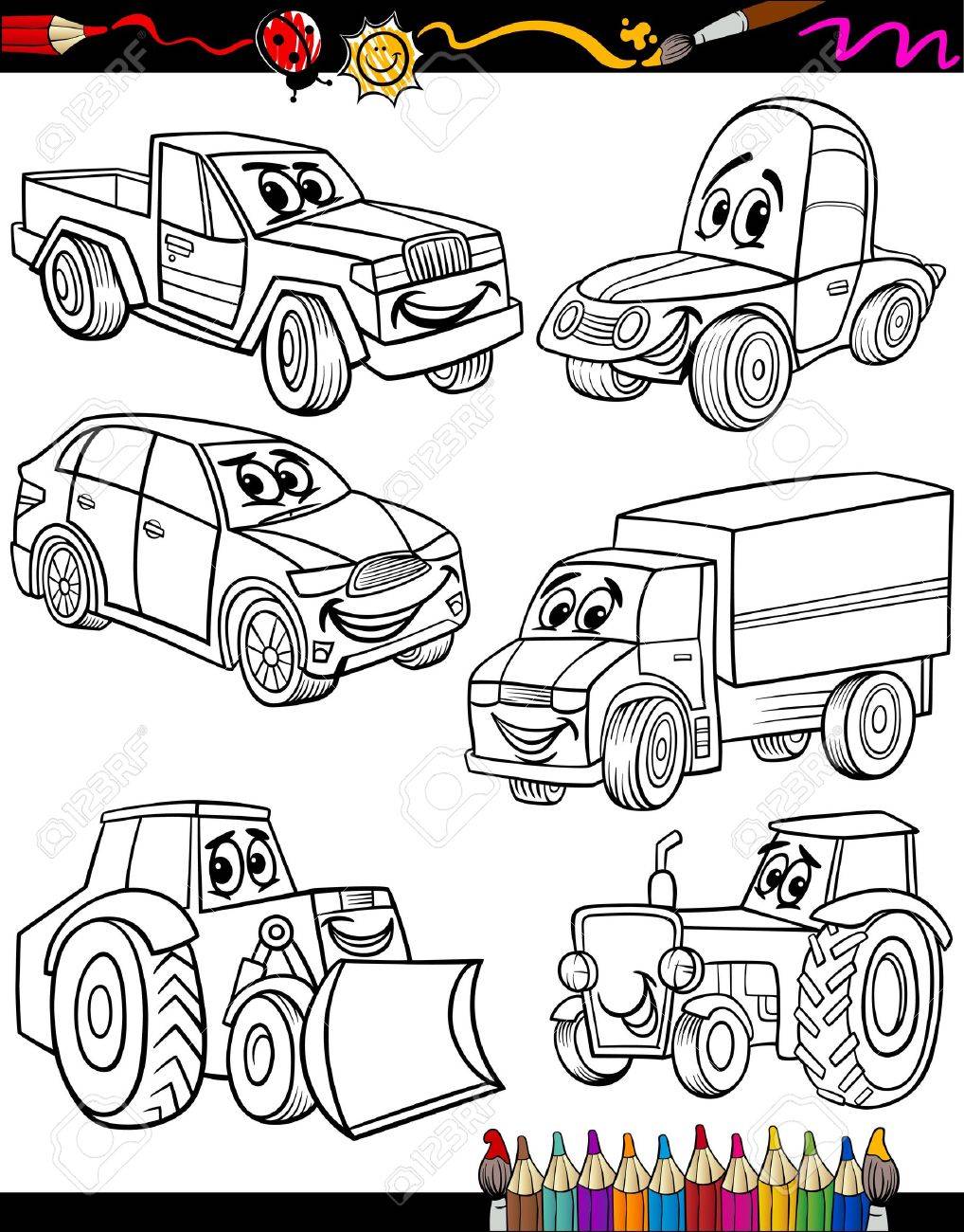 ブックまたはページの漫画図は黒と白の車またはトラック車両や機械マンガのキャラクター セット子供たちの教育のための着色 のイラスト素材 ベクタ Image ブックまたはページの漫画図は黒と白の車またはトラック車両や機械マンガのキャラクター セット子供たちの教育のための着色 のイラスト素材 ベクタ Image