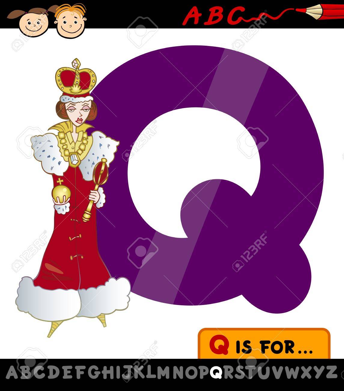 子供の教育のための女王のアルファベット大文字 Q の漫画イラスト のイラスト素材 ベクタ Image