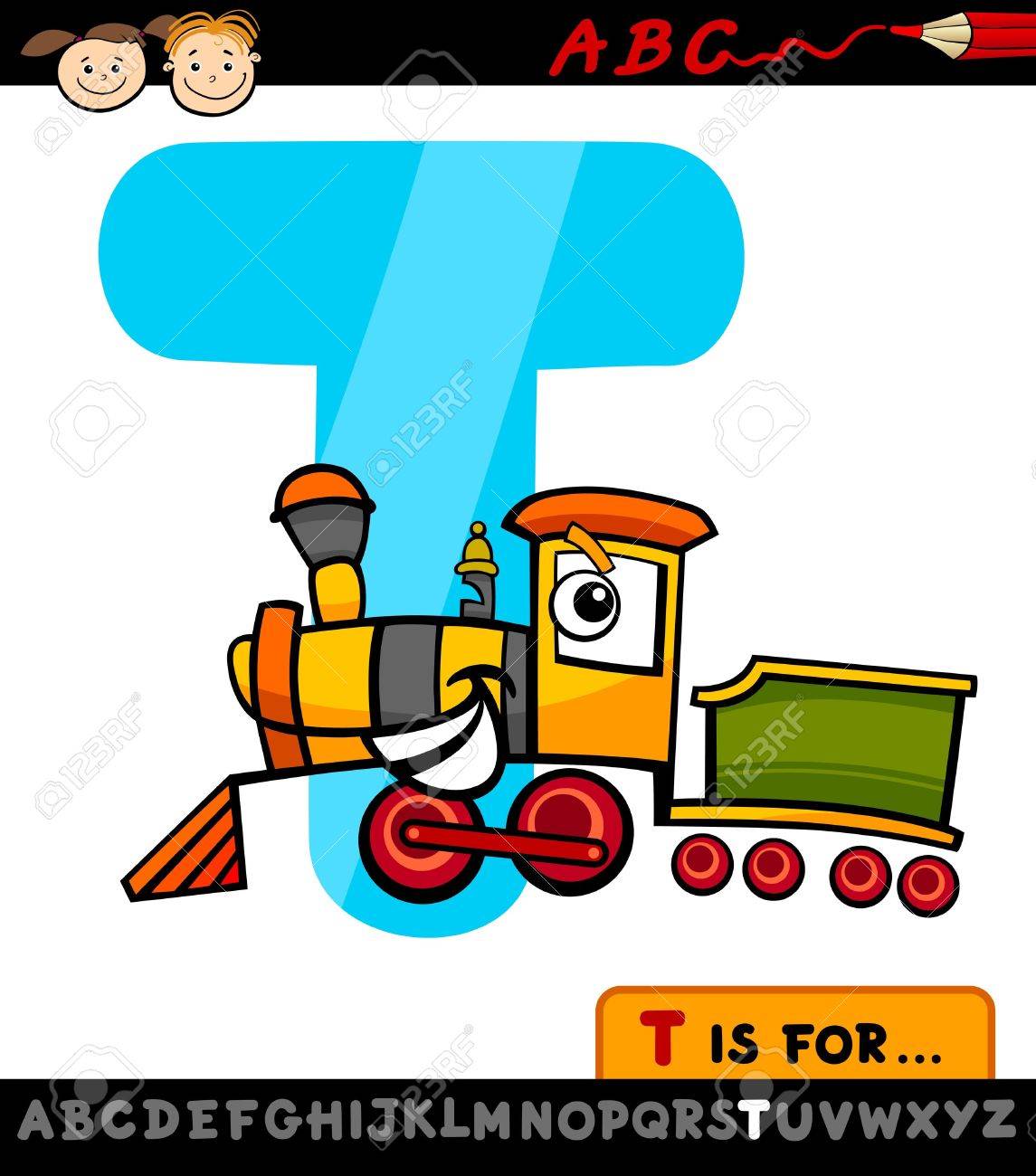 cartoon illustration of capital letter t from alphabet with train letter train