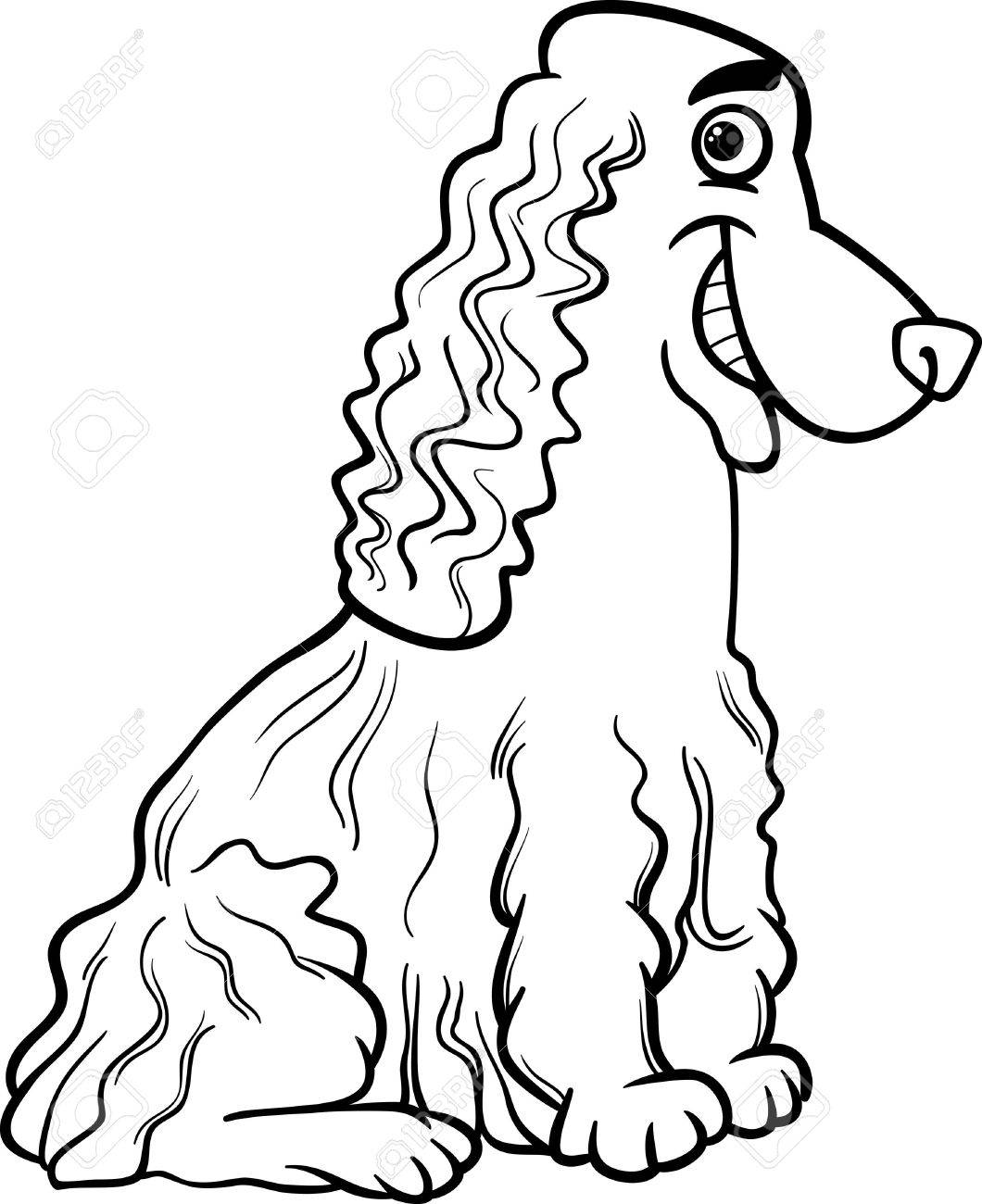 black and white cartoon illustration of funny purebred cocker dog cartoon for children