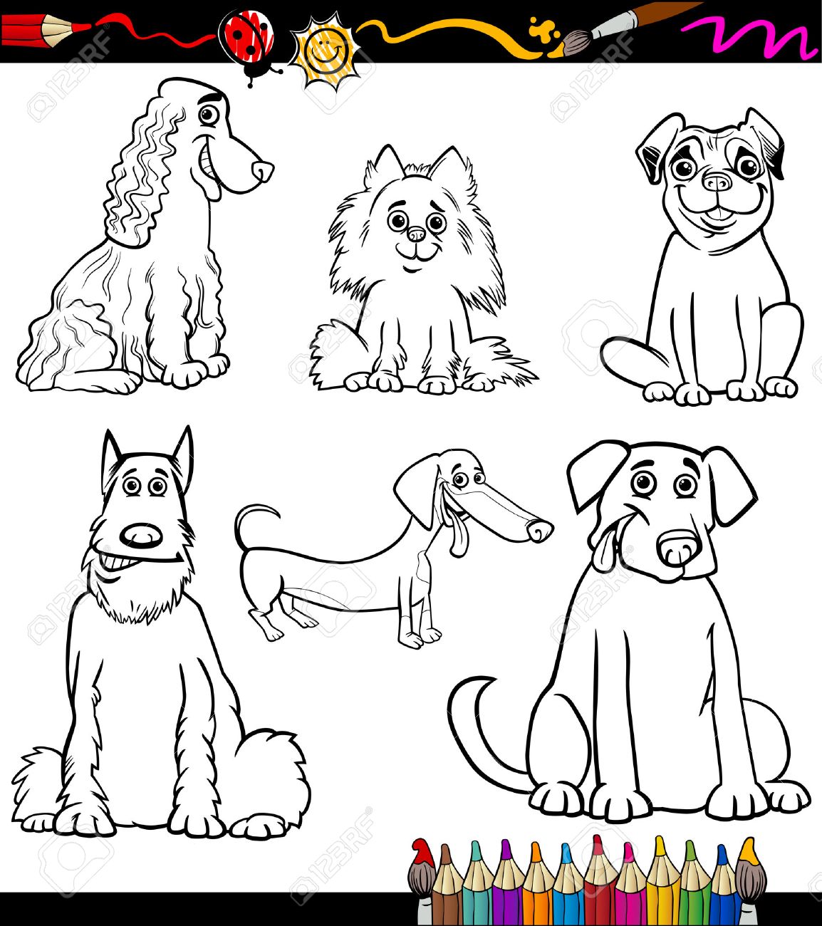 本を着色または面白い純血犬や子犬の黒と白の漫画の実例をページを着色のイラスト素材 ベクタ Image