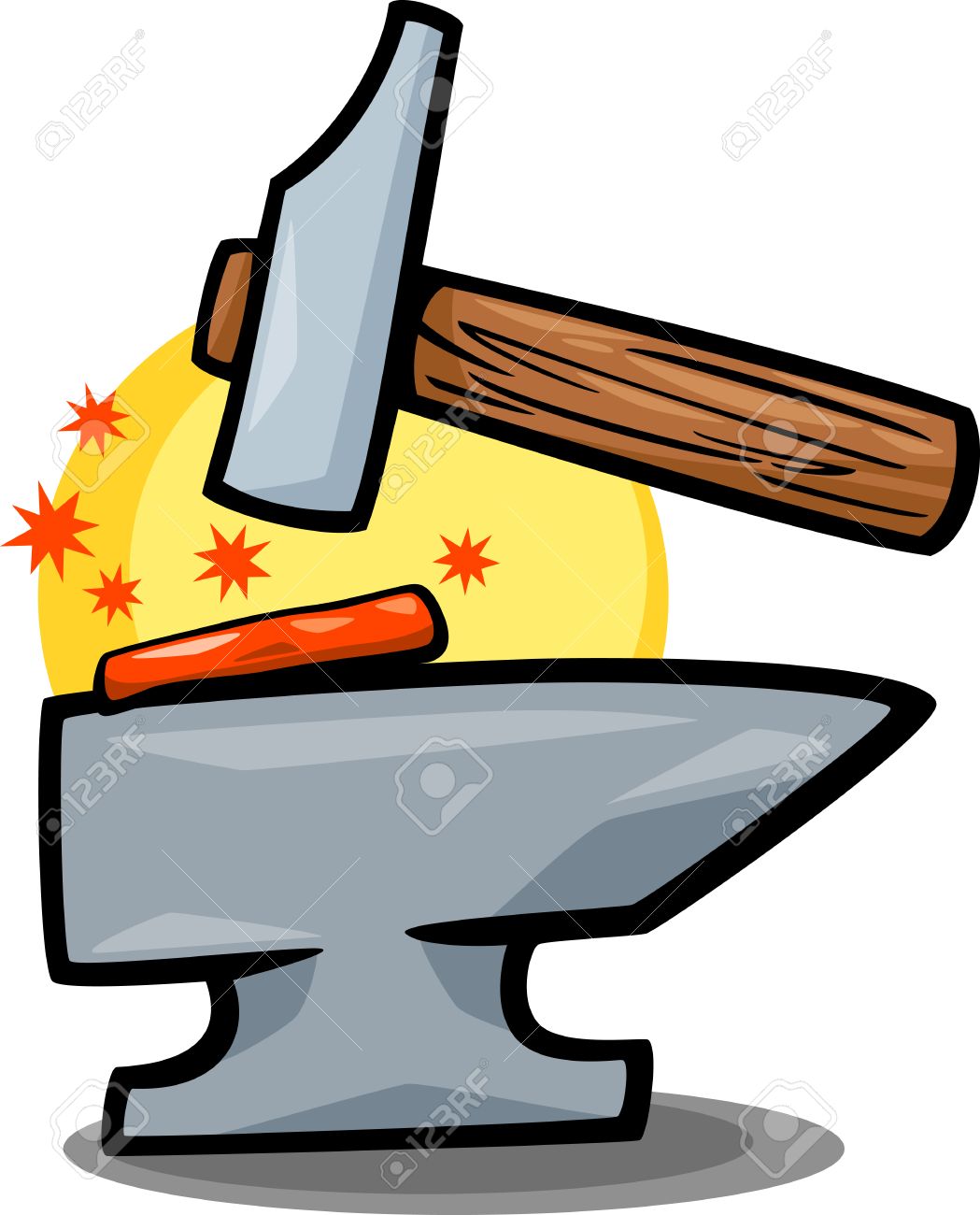 スミス ハンマー ツールと赤い熱い鉄とアンビルの漫画イラスト クリップ アートのイラスト素材 ベクタ Image