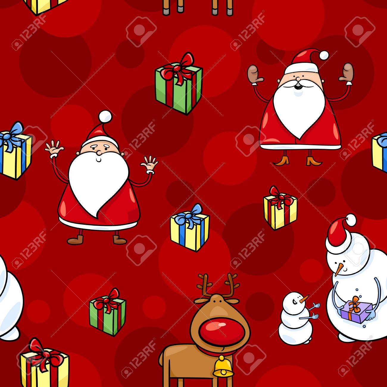 シームレス パターンの漫画イラストのサンタ クロースとラッパーや紙パックのデザインの他のクリスマスのテーマのイラスト素材 ベクタ Image