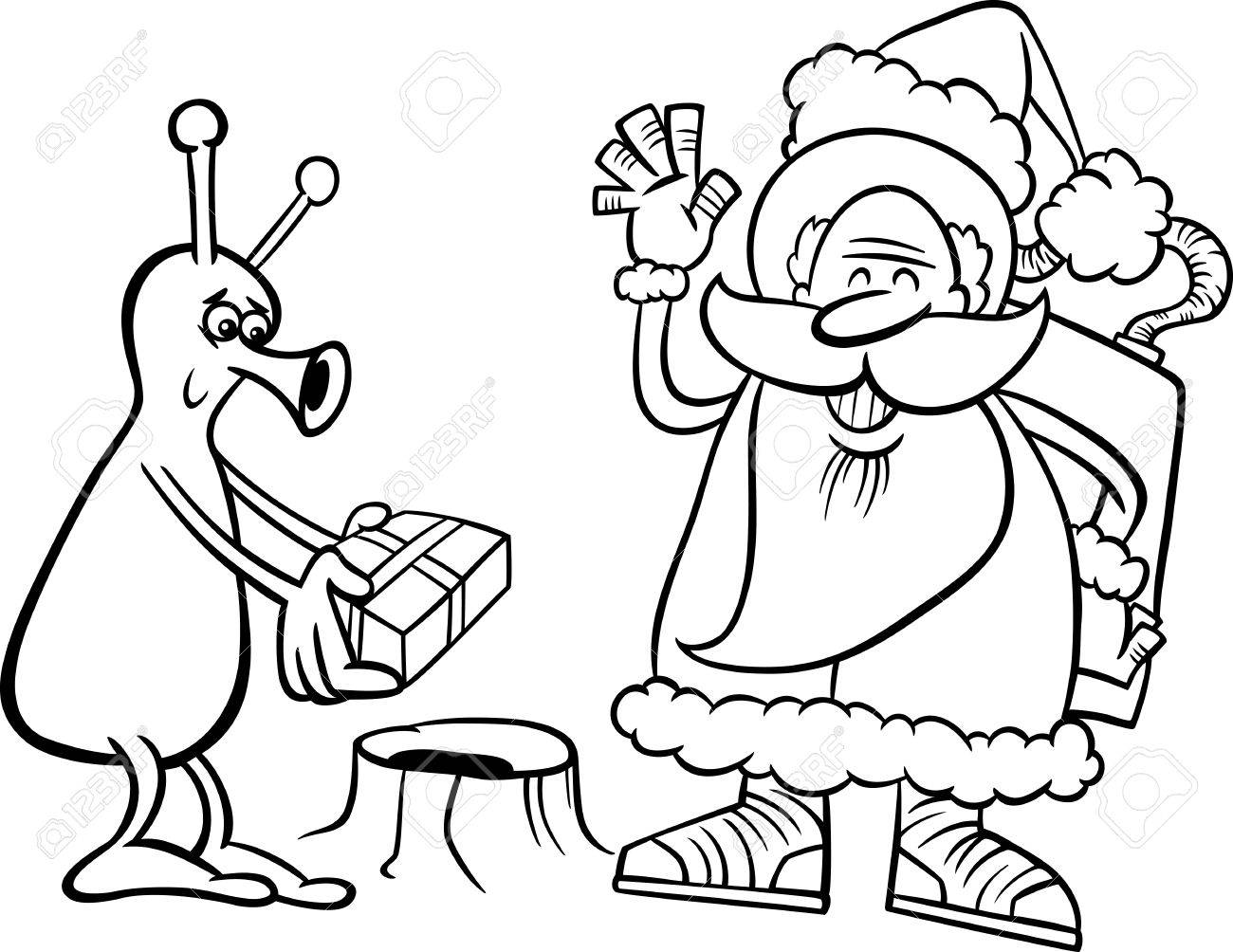 Noir Et Blanc Cartoon Illustration De Santa Claus Dans Lespace Donnant Cadeau De Noël Pour Alien Drôle De Coloring Book