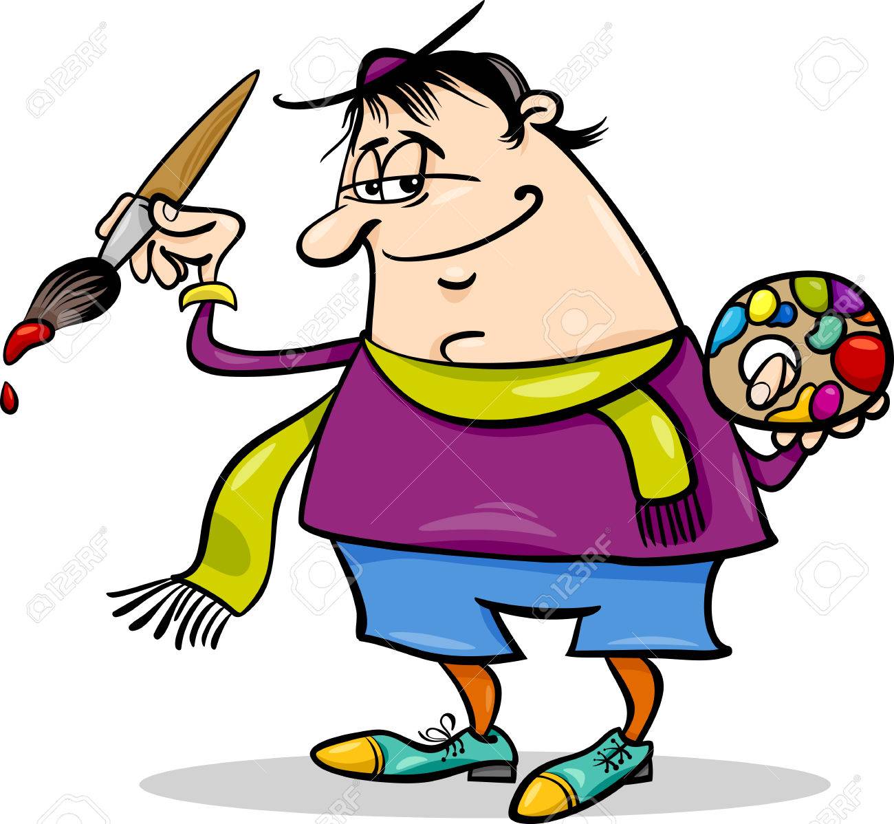 Cartoon Illustration Of Funny Painter Artist With Palette And