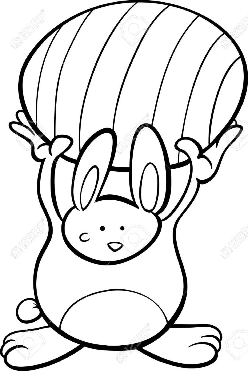 Black And White Cartoon Illustration Of Cute Easter Bunny With Colored Egg For Coloring Book Stock