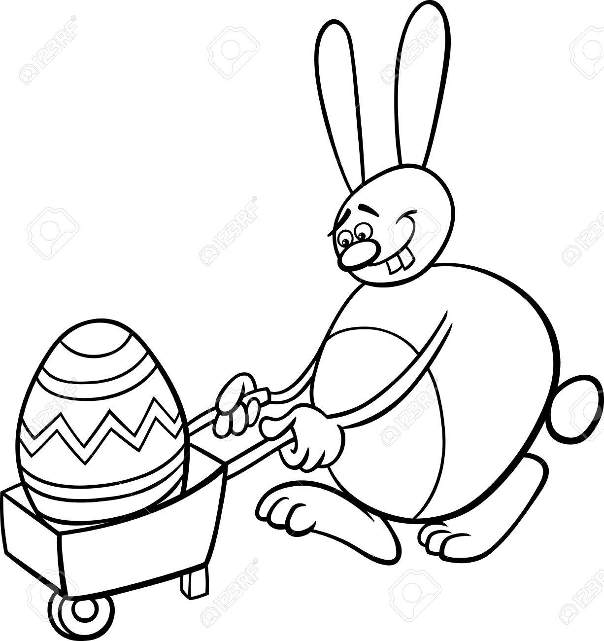 Black And White Cartoon Illustration Of Funny Easter Bunny With Big Egg On Wheelbarrow For Coloring