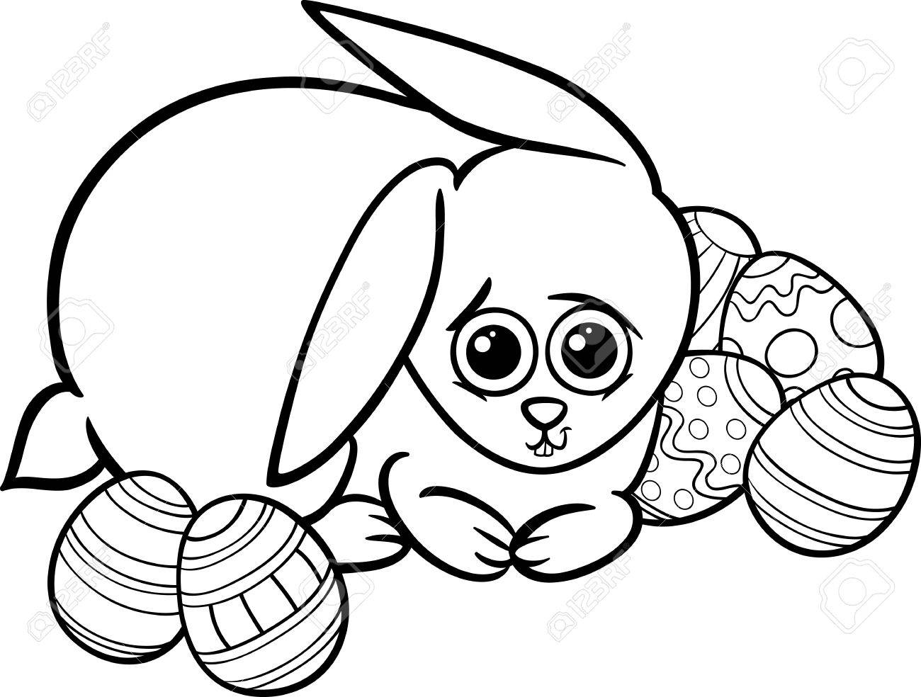 かわいいイースターのウサギ塗り絵の復活祭の卵の黒と白の漫画イラストのイラスト素材 ベクタ Image