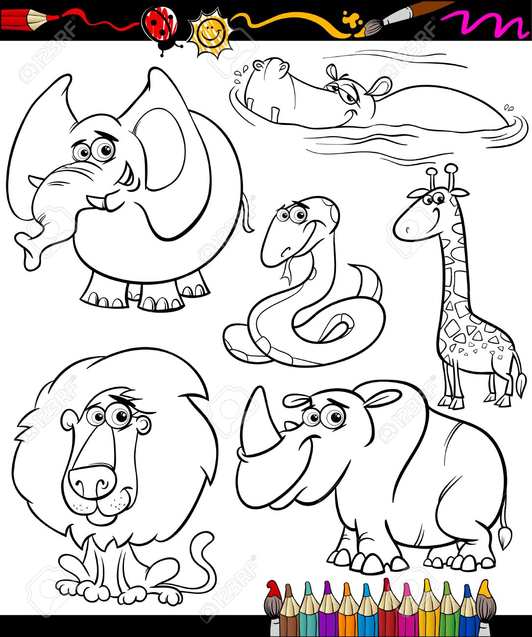 Coloring Book Or Page Cartoon Illustration Set Of Black And White Wild Animals Characters For Children Royalty Free SVG, Cliparts, Vectors, And Stock Illustration. Image 25636833. Coloring Book Or Page Cartoon Illustration Set Of Black And White Wild Animals Characters For Children Royalty Free SVG, Cliparts, Vectors, And Stock Illustration. Image 25636833.
