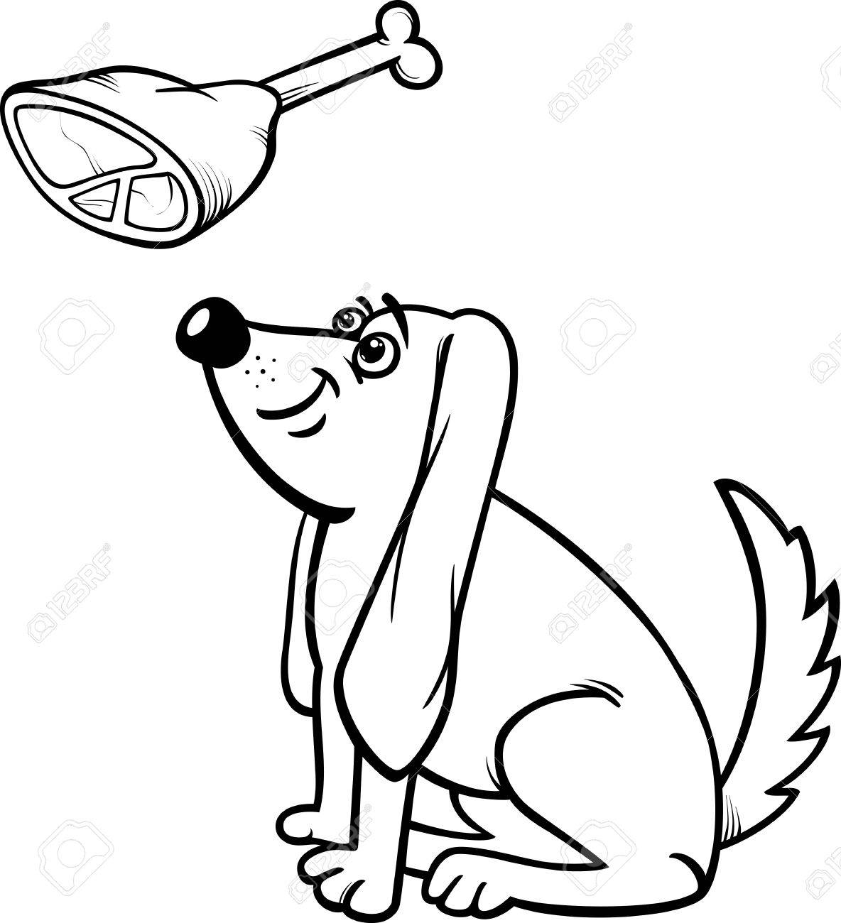 かわいい空腹犬と塗り絵用骨付きハンチの黒と白の漫画イラストのイラスト素材 ベクタ Image