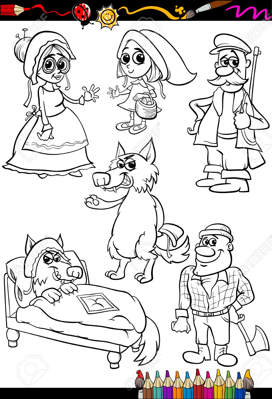 Coloring Book or Page Cartoon Illustration Set of Black and White Little Red Riding Hood Fairy