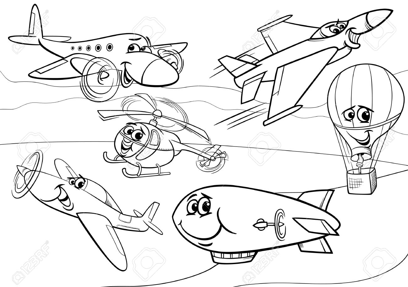 Black And White Cartoon Illustration Of Funny Planes Aircraft Characters Group For Coloring Book Stock