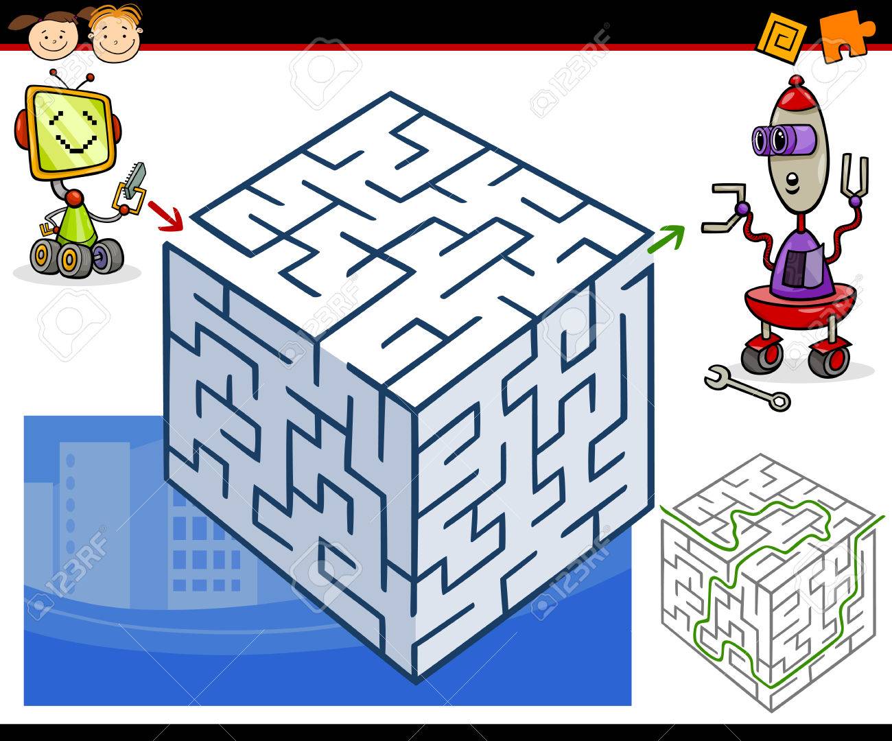 面白いロボットと就学前の子供の教育の迷路や迷宮ゲームの漫画の実例 のイラスト素材 ベクタ Image