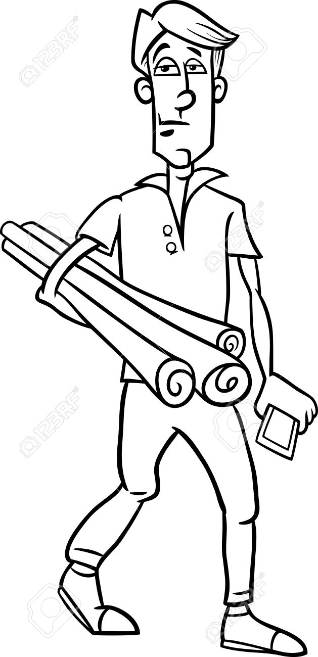 Black And White Cartoon Illustration Of Funny Young Man Or Architect With Plans Phone For