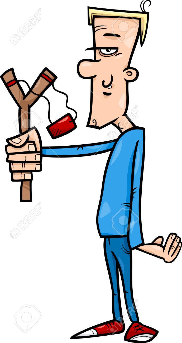 cartoon illustration of hooligan or rascal with slingshot royalty