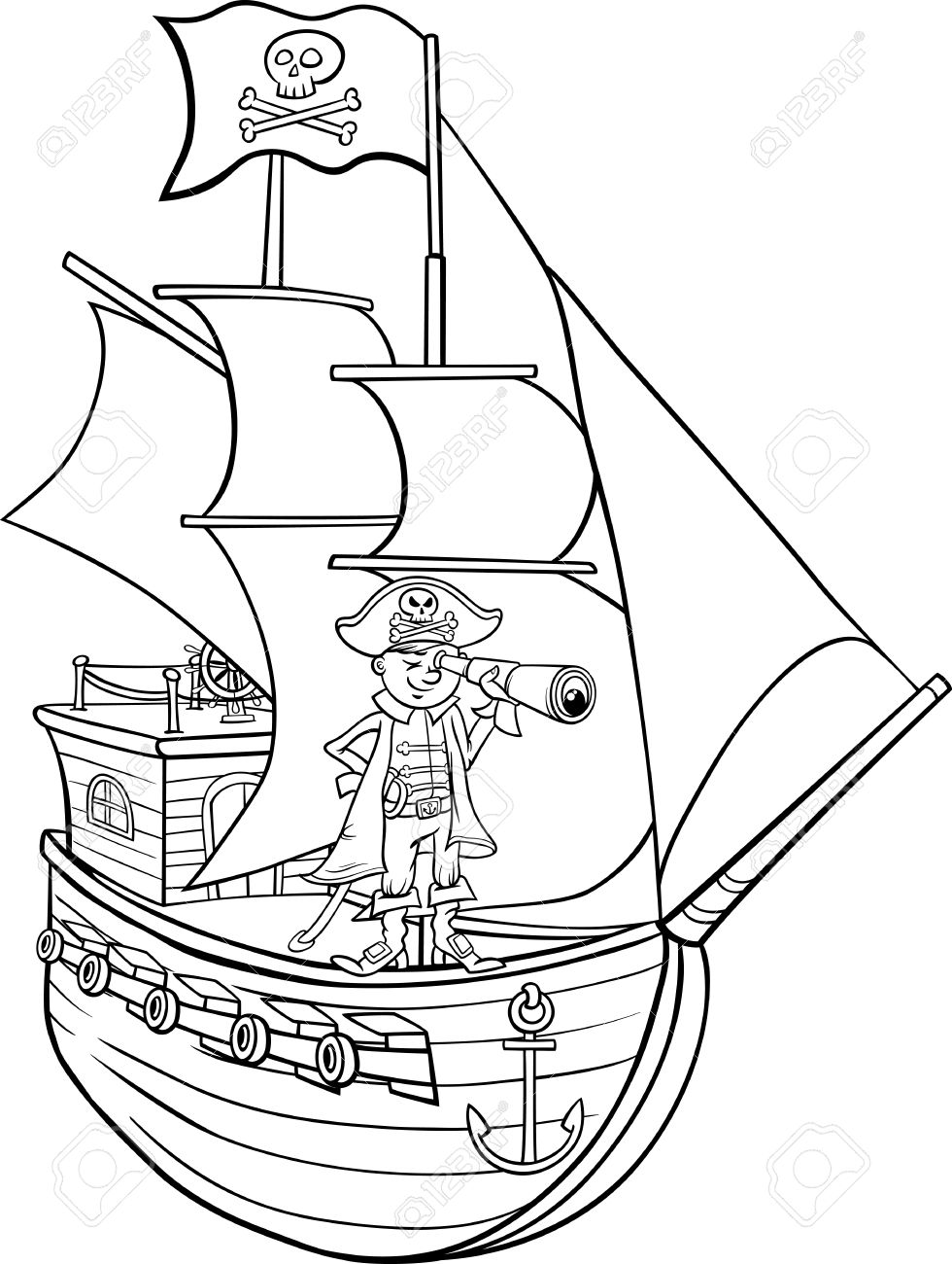 Black And White Cartoon Illustration Of Funny Pirate Captain With Spyglass Ship Jolly Roger