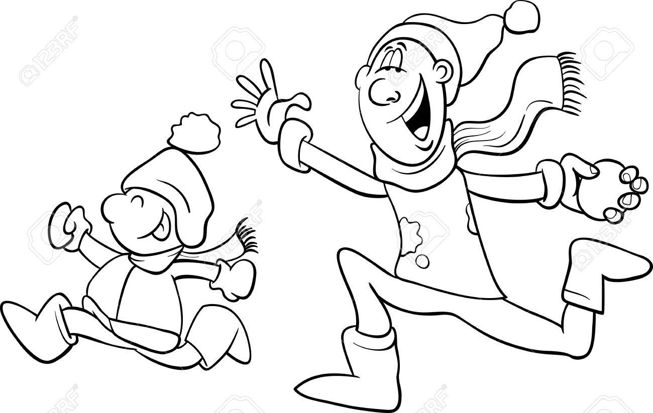 Black And White Cartoon Illustration Of Father Little Son Throwing Snowballs Having Fun On
