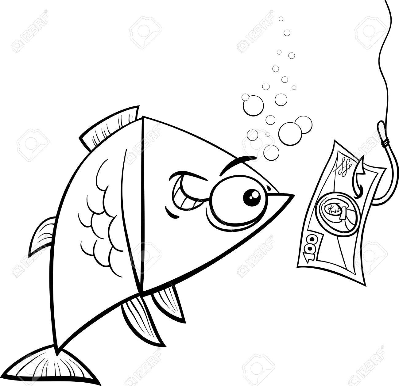 面白い魚の黒と白の漫画コンセプト ユーモア イラストとお金の餌で釣りフックのイラスト素材 ベクタ Image