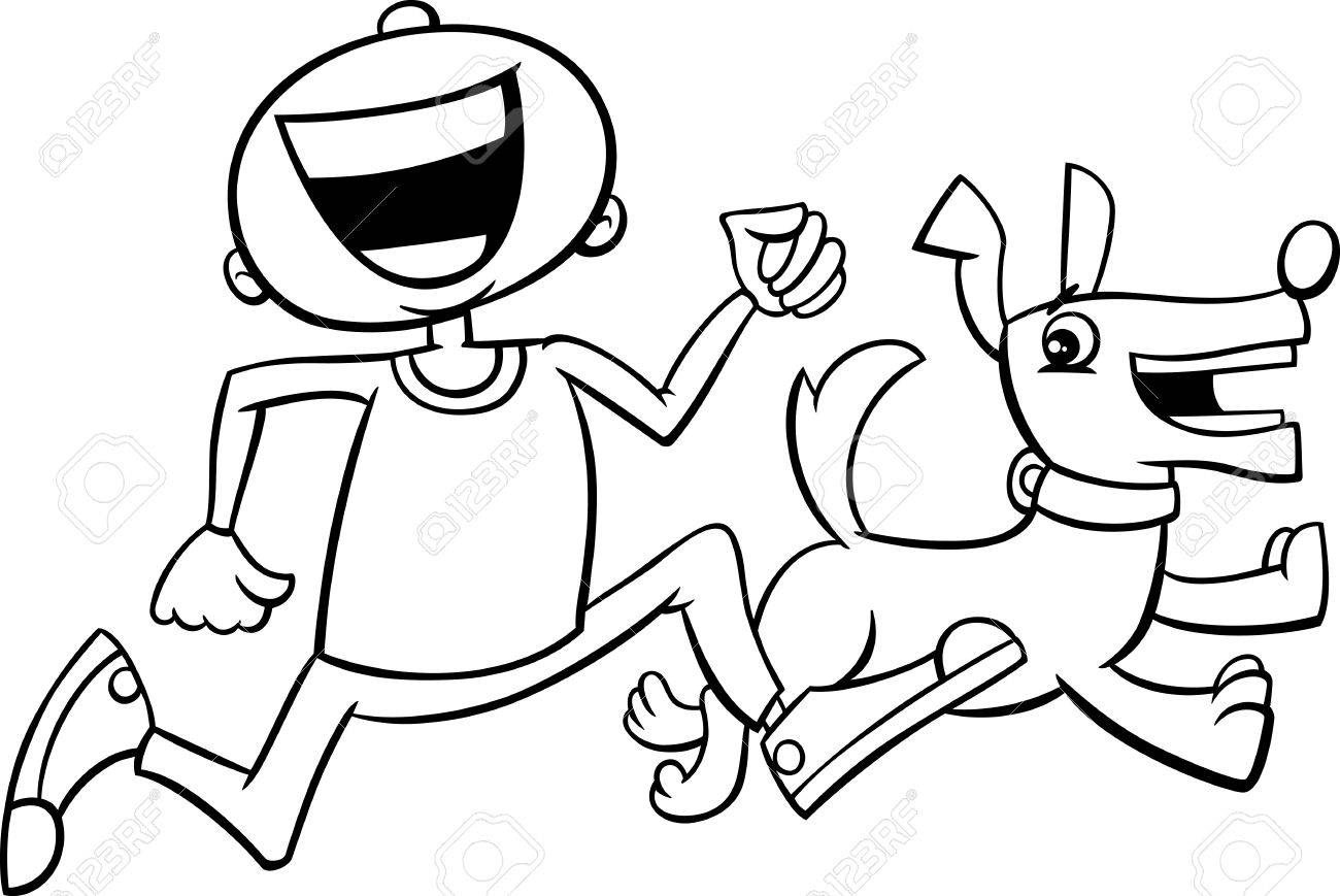 本を着色子犬ペットといっしょに走っている少年の黒と白の漫画イラスト のイラスト素材 ベクタ Image