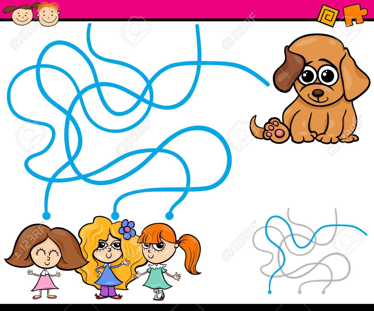 Ilustracao Dos Desenhos Animados Do Caminho Da Educacao Ou Jogo De Labirinto Para Criancas Em Idade Pre Escolar Com Meninas E Filhote De Cachorro Ilustraciones Vectoriales Clip Art Vectorizado Libre De Derechos Image