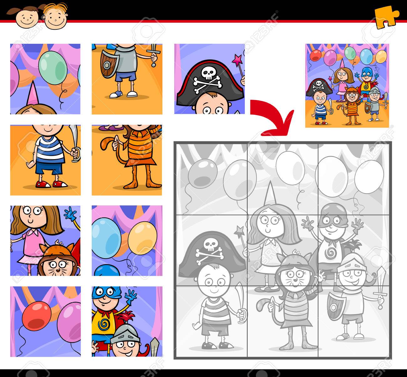 仮面舞踏会に子供と幼児教育のジグソー パズル ゲームの漫画イラスト のイラスト素材 ベクタ Image