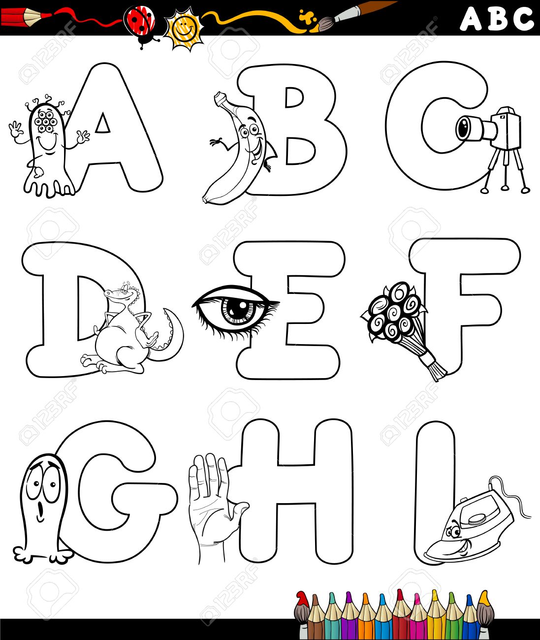 Black And White Cartoon Illustration Of Capital Letters Alphabet With Objects For Children Education From A